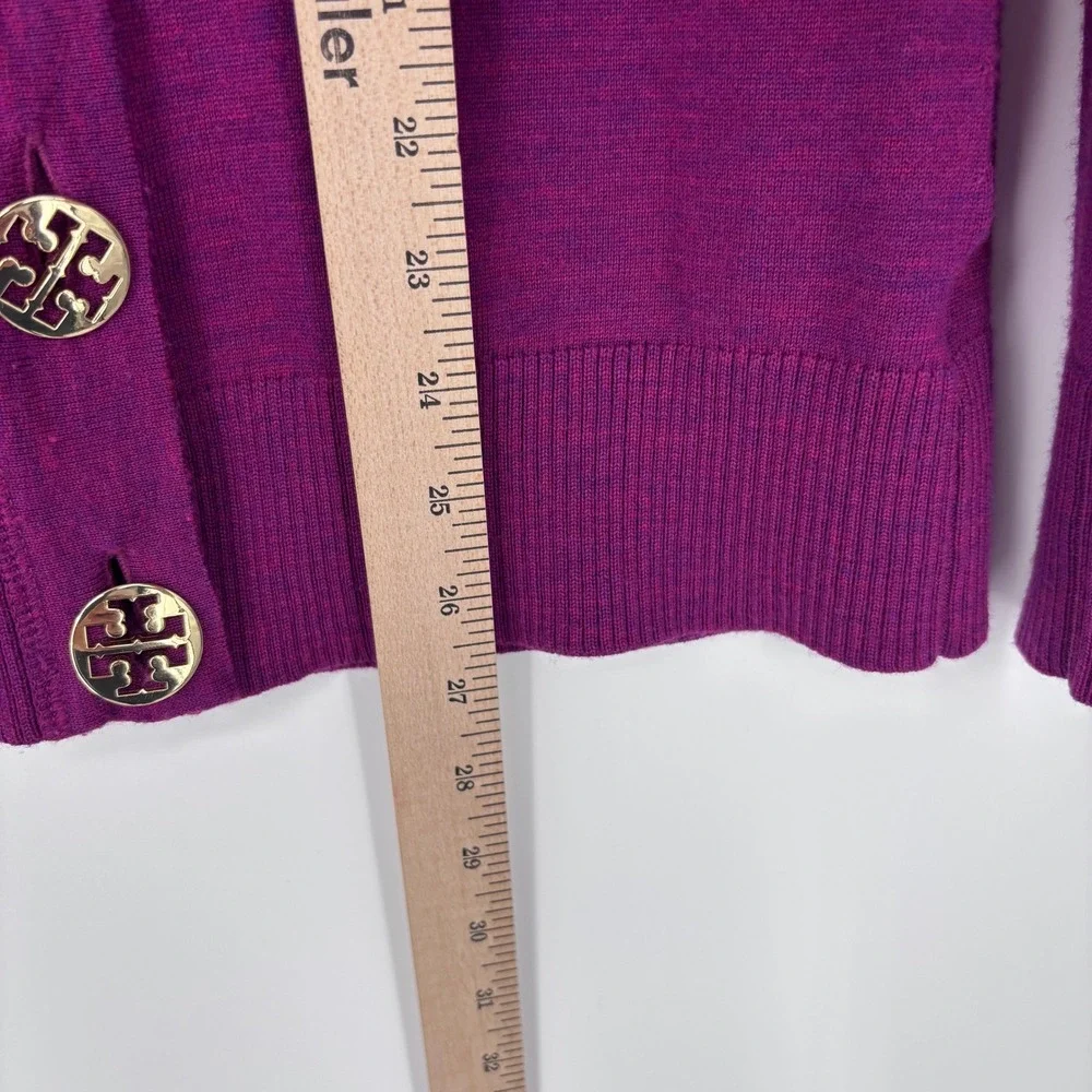 Tory Burch Simone Cardigan Women S Purple Merino Wool Logo Button Sweater V-Neck